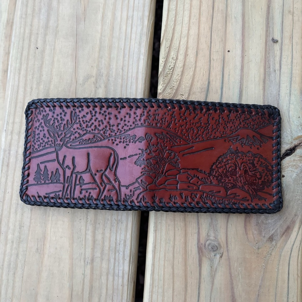 Vintage Leather Wallet Bi-fold Hand Tooled Deer Mountains Nature Whipstitch USA